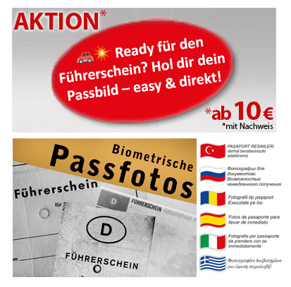 Werbeplakat mit Passfotos, Führerschein-Icon, „AKTION“ und Preis „ab 10€“ sowie Länderflaggen.